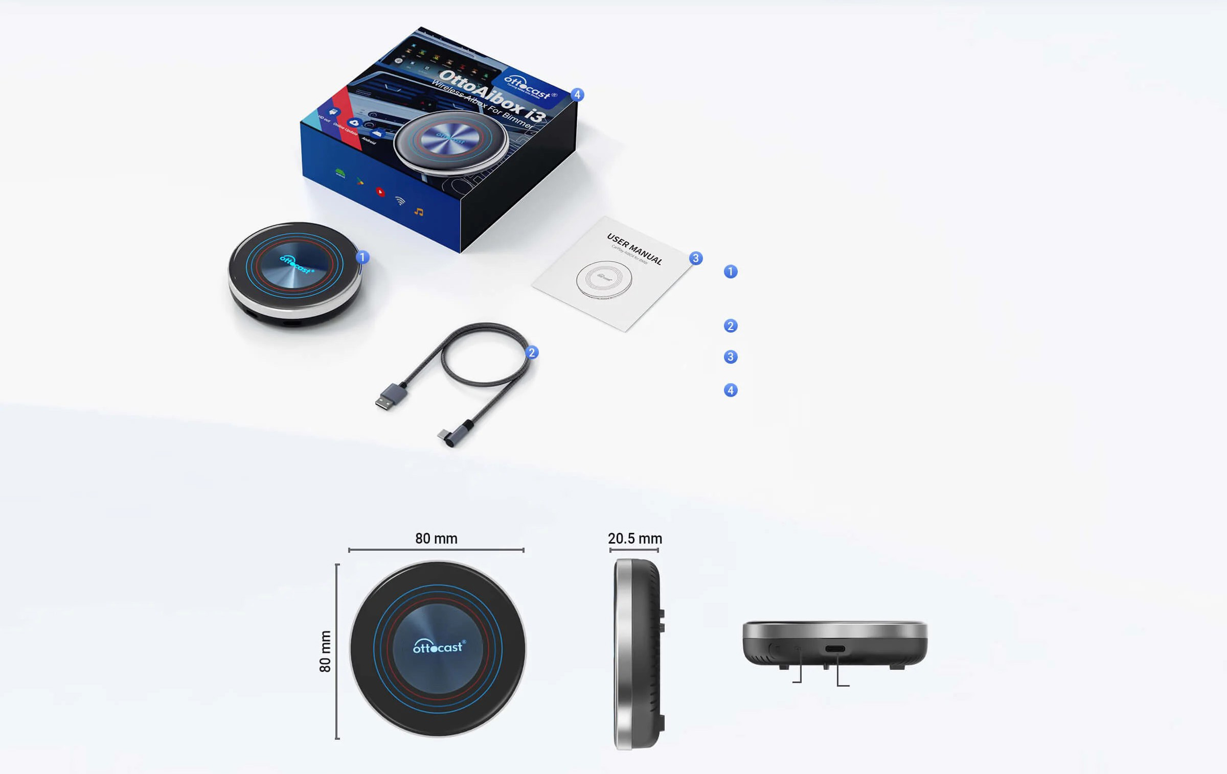 Размеры устройства Ottocast i3 ottoaibox